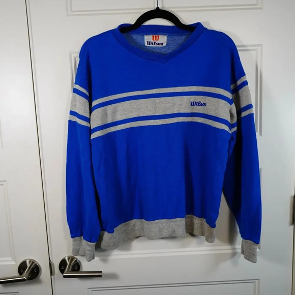 Vintage Wilson All Sport Sweatshirt Size‎ L W5013 Blue Gray V-Neck Stripes - Picture 1 of 7